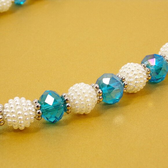 Blue glass and white round bead necklace an earring set with silver spacer beads - Picture 8 of 15